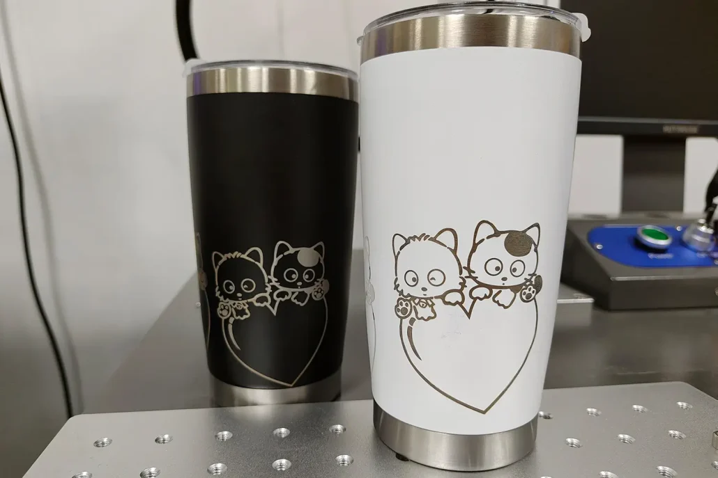 CO2 Laser Marking Machine for Powder-Coated Stainless Steel Tumbler 100W samples