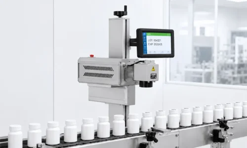 Packaging_laser_coding_machine_working_on_nedicine_bottles