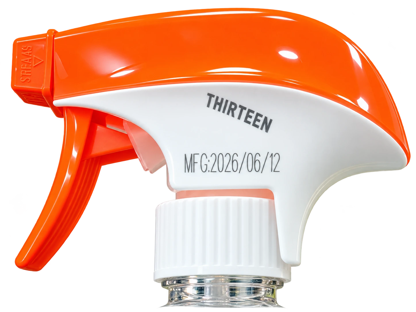 Close-up of a UV laser marked manufacturing date on a spray bottle trigger